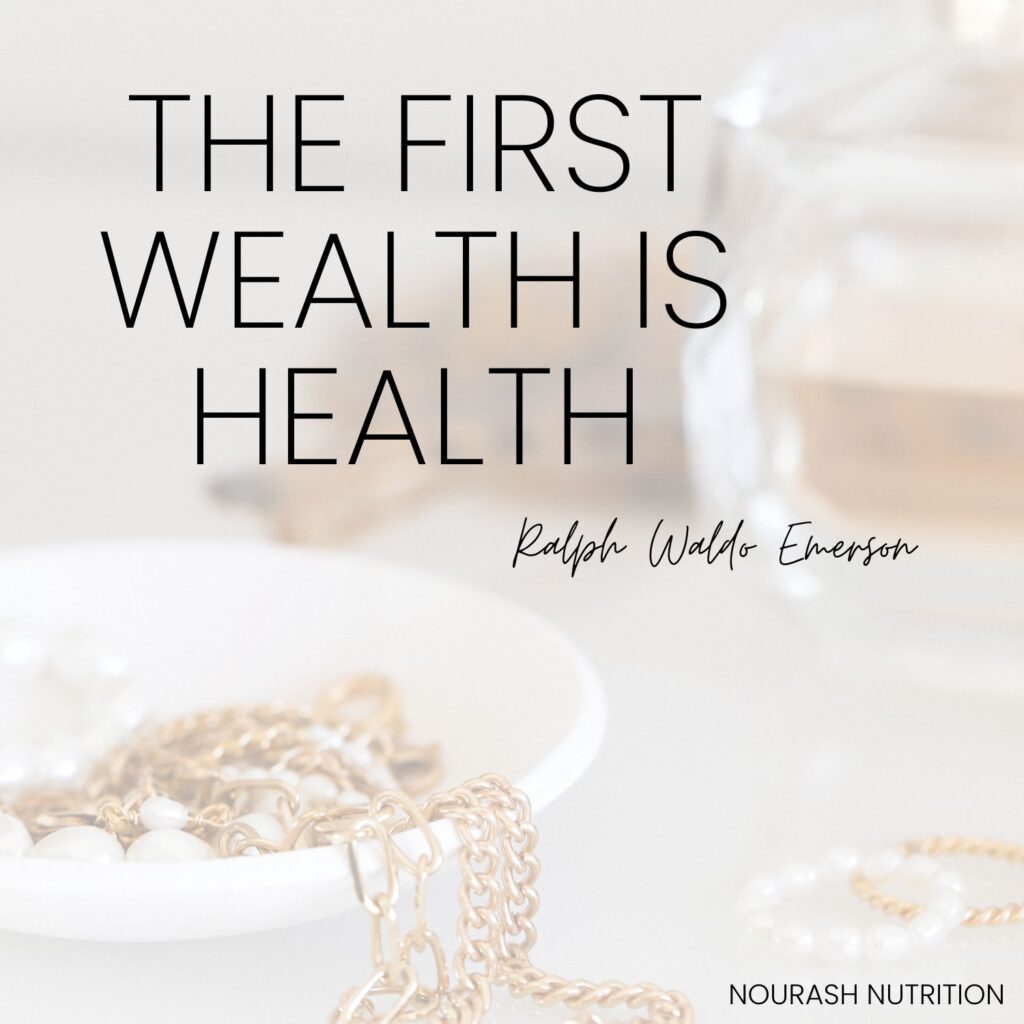 quote that states the first health is wealth with image of jewelry 