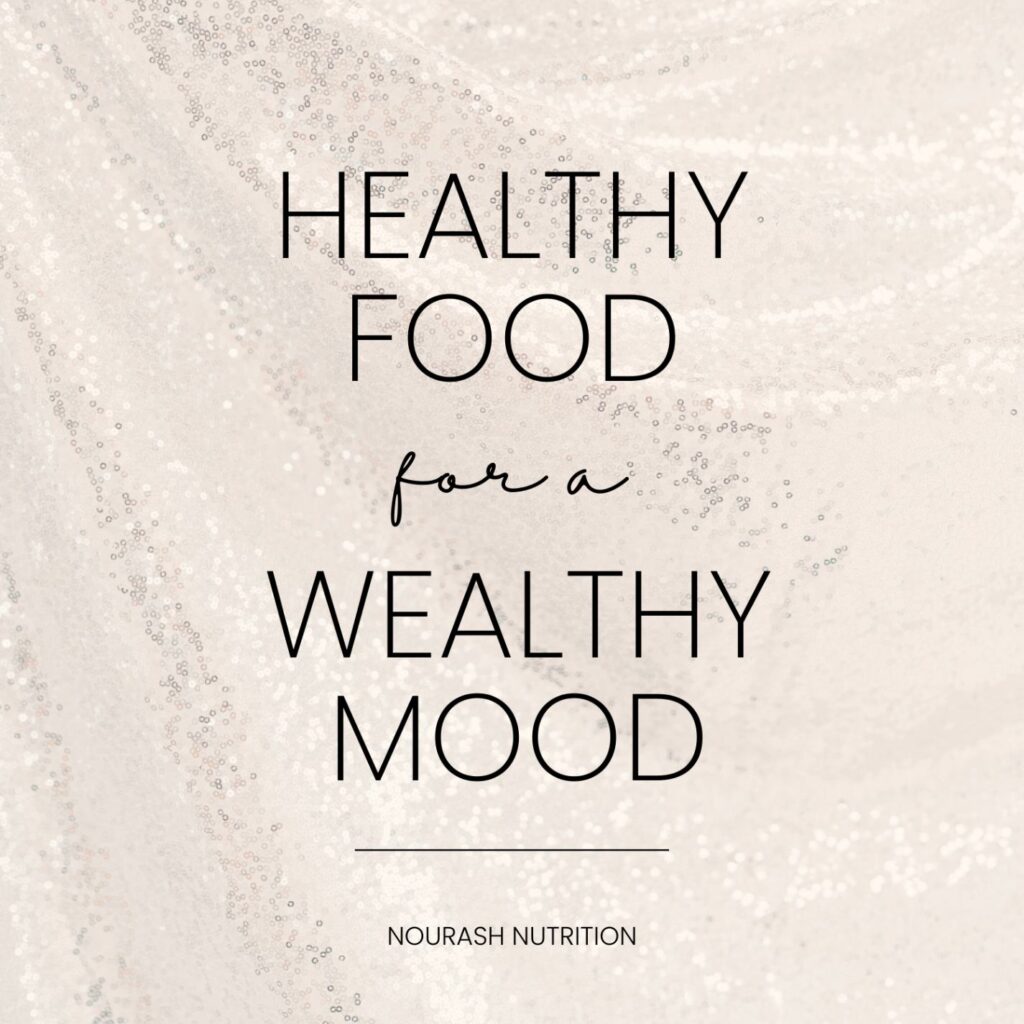 quote that says healthy food for a wealthy mood with gold background