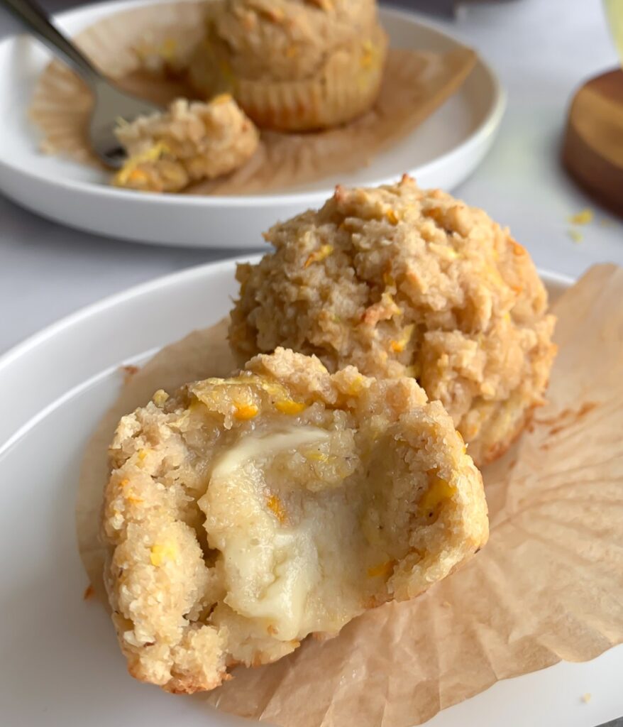 muffins on two plates, partially eaten.