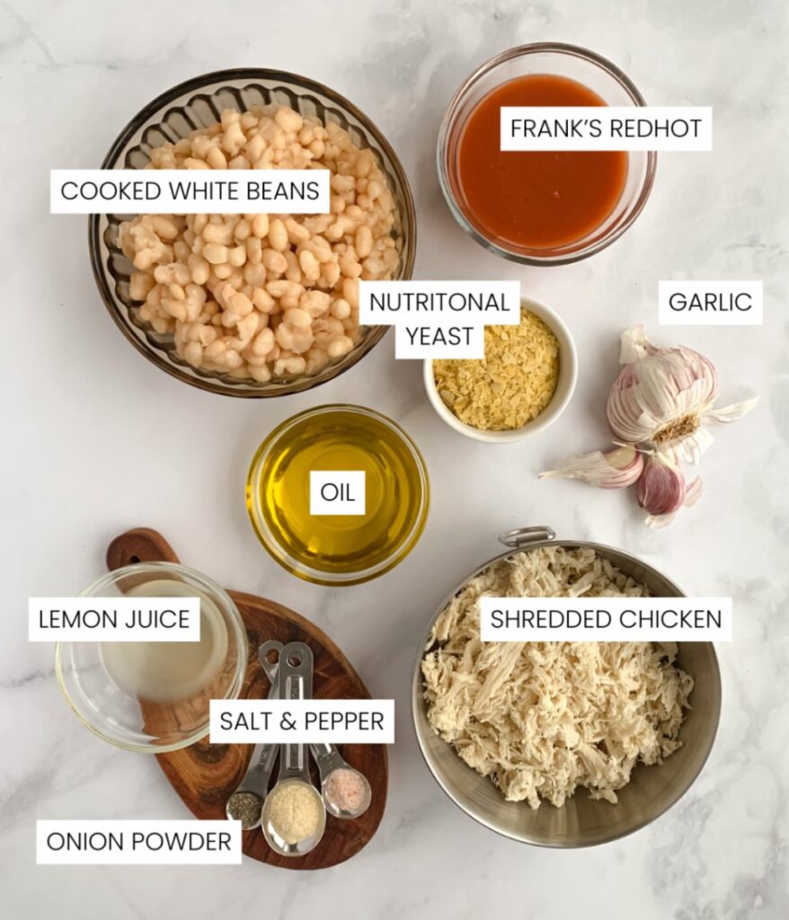 labelled ingredients to make dairy free buffalo chicken dip