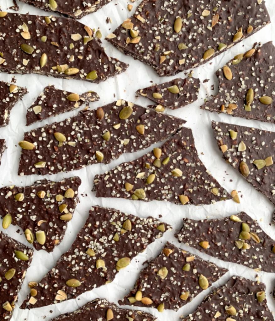 seeded superfood magnesium chocolate bark broken in pieces