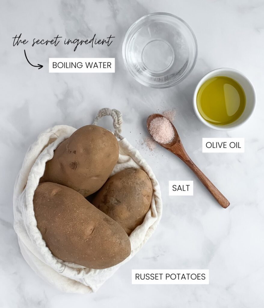 mashed potatoes ingredients on a marble backdrop with labels