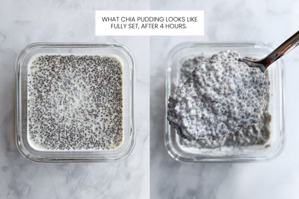 infographic of side by side pictures of what chia pudding looks like when it's fully set unstirred and stirred.