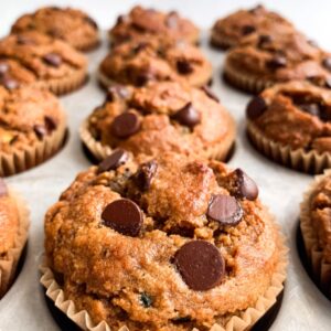 close up of healthy chocolate chip zucchini muffins cooling in the muffin tin after baking.