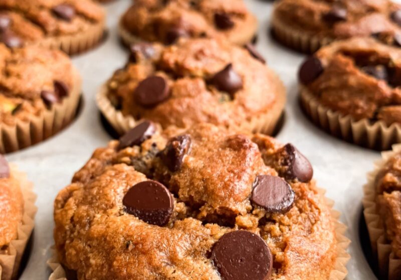 close up of healthy chocolate chip zucchini muffins cooling in the muffin tin after baking.