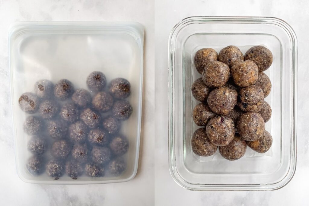 Homemade blueberry energy balls stored in glass and silicone containers for meal prep