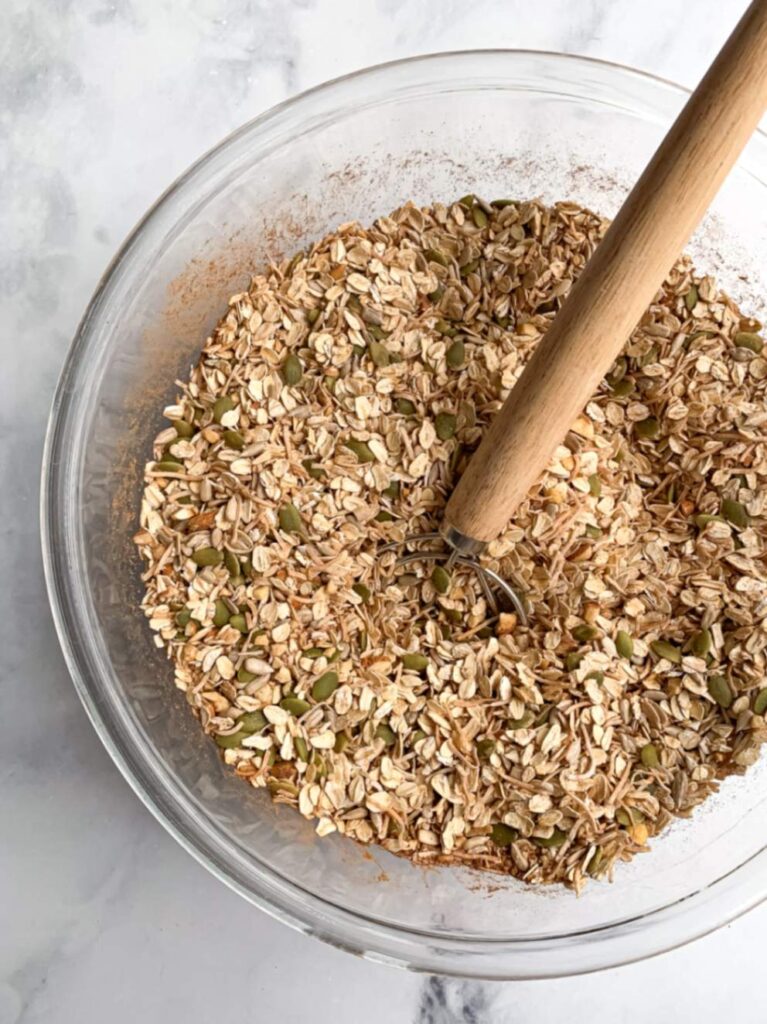 mixed dry ingredients in large glass bowl