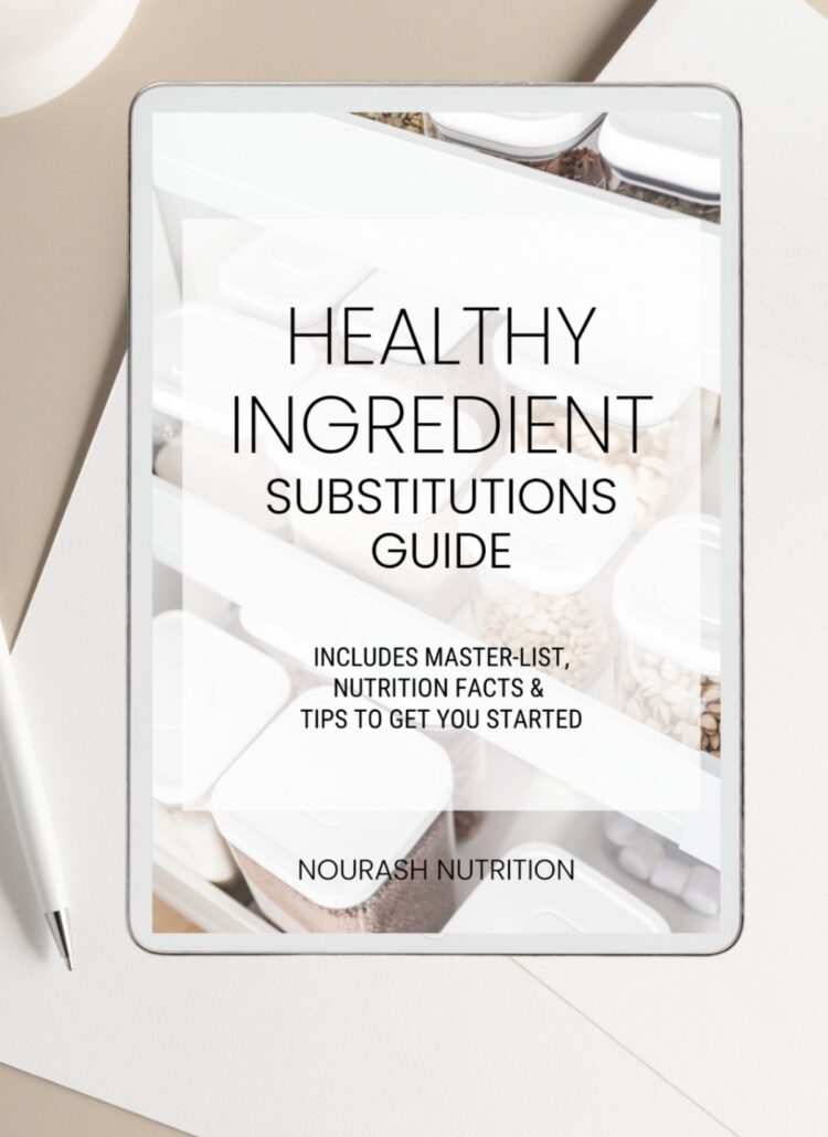 white ipad showing the front cover of the healthy ingredient substitutions guide download on a desk with plain white papers underneath and a pen beside it.