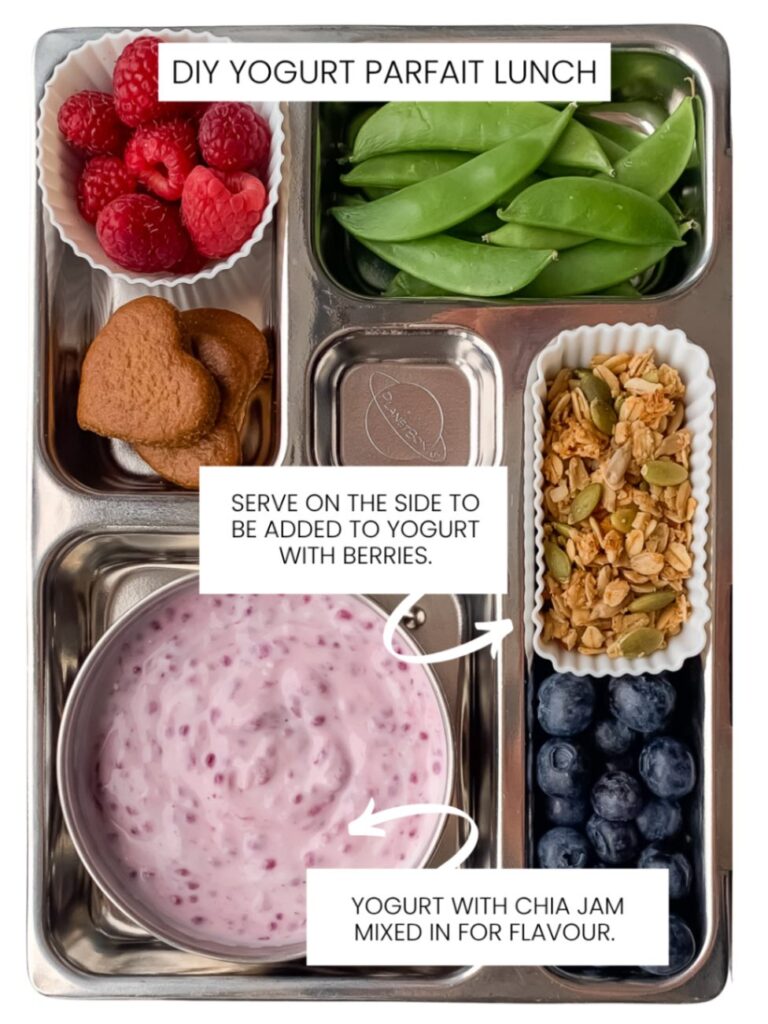 infographic of a school lunchbox showing how to pack granola separate from the yogurt.