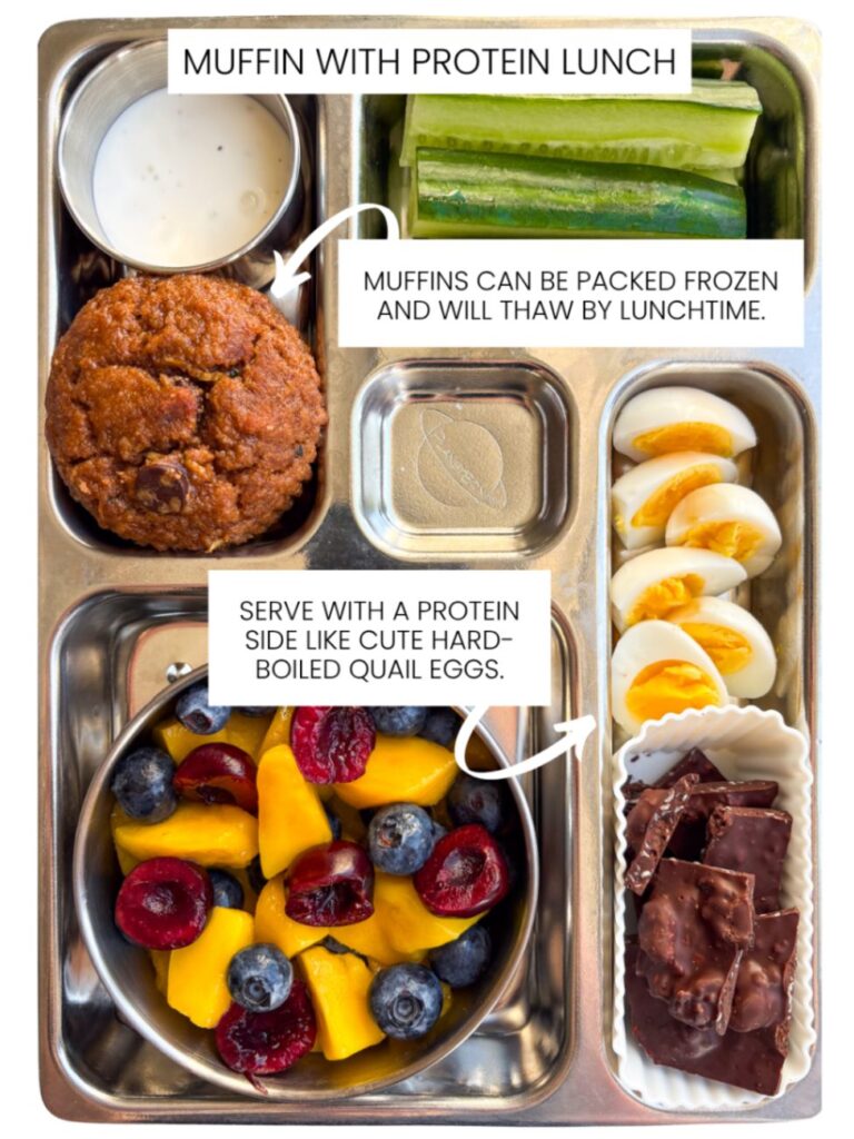 Infographic of a healthy school lunch packed with banana zucchini muffin, hardboiled quail eggs, snap peas, fruit salad and dark chocolate raisin bark.