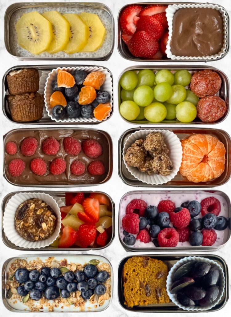 Healthy snacks for kids including chia pudding, muffins, energy balls, yogurt bowls, fruit, and other balanced snack combinations - 10 snacks shown in rectangular metal containers