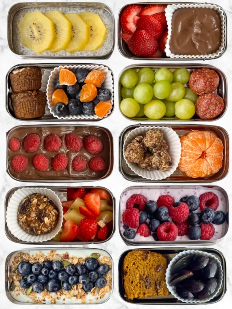 Healthy snacks for kids including chia pudding, muffins, energy balls, yogurt bowls, fruit, and other balanced snack combinations - 10 snacks shown in rectangular metal containers