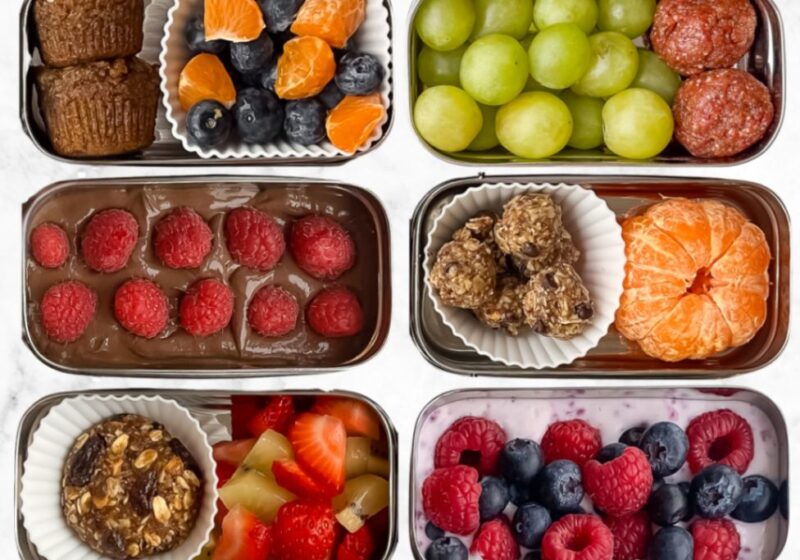 Healthy snacks for kids including chia pudding, muffins, energy balls, yogurt bowls, fruit, and other balanced snack combinations - 10 snacks shown in rectangular metal containers