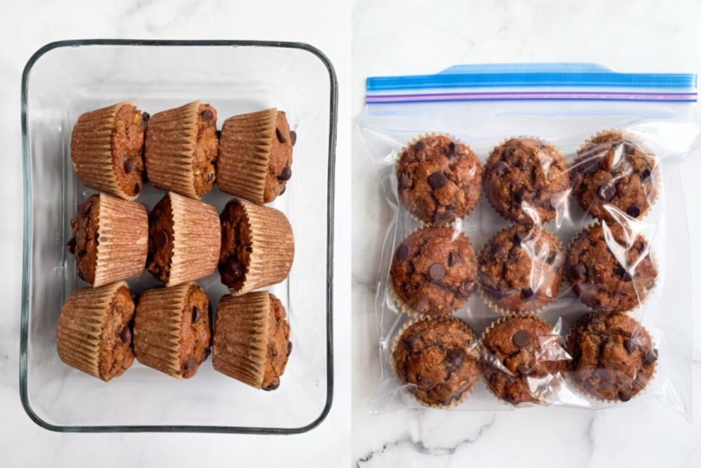 Side by side of gluten free muffins ready for the freezer using a freezer bags and a glass storage container.