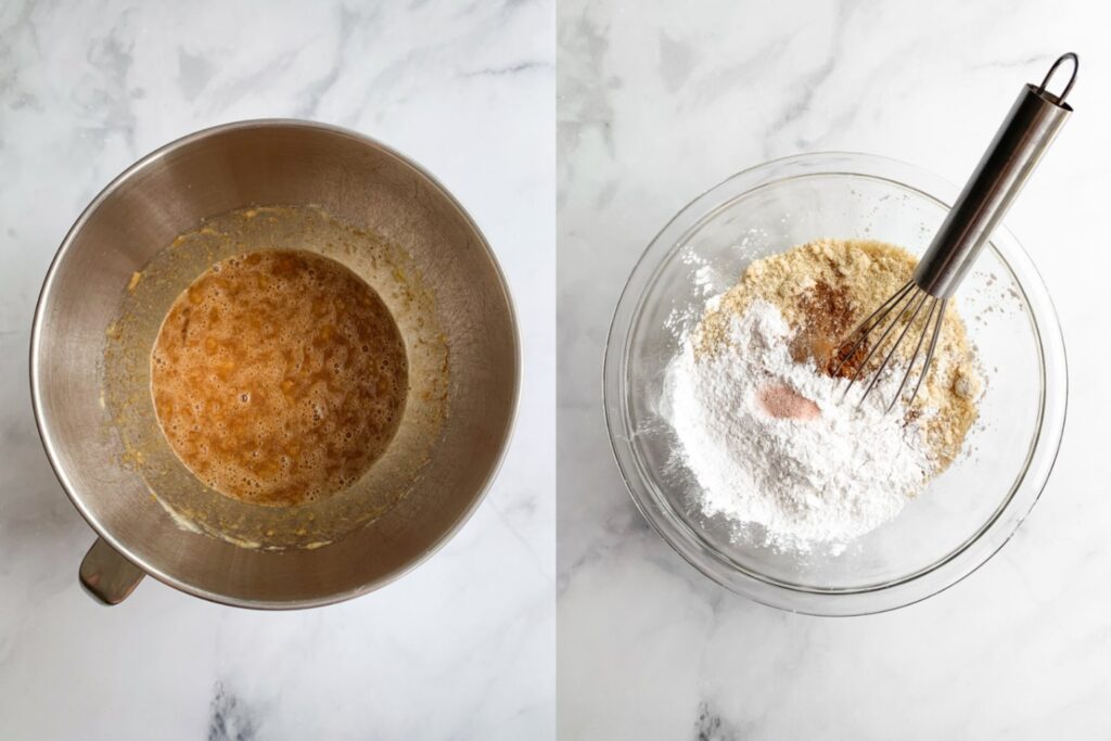 Side by side of combined wet ingredients in a bowl and dry ingredients before they are whisk in a bowl.