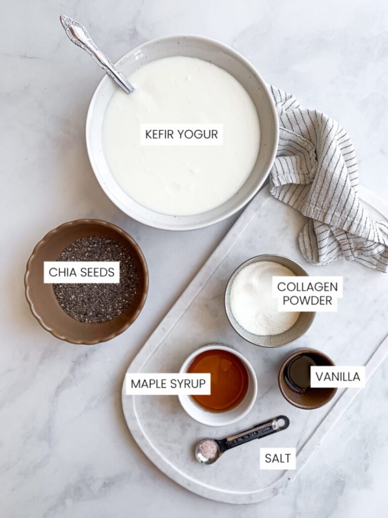 flatlay of chia pudding with kefir ingredients