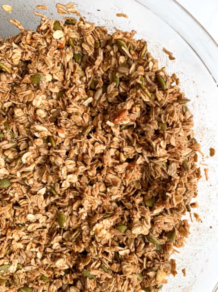 close up of all mixed ingredients in large glass bowl