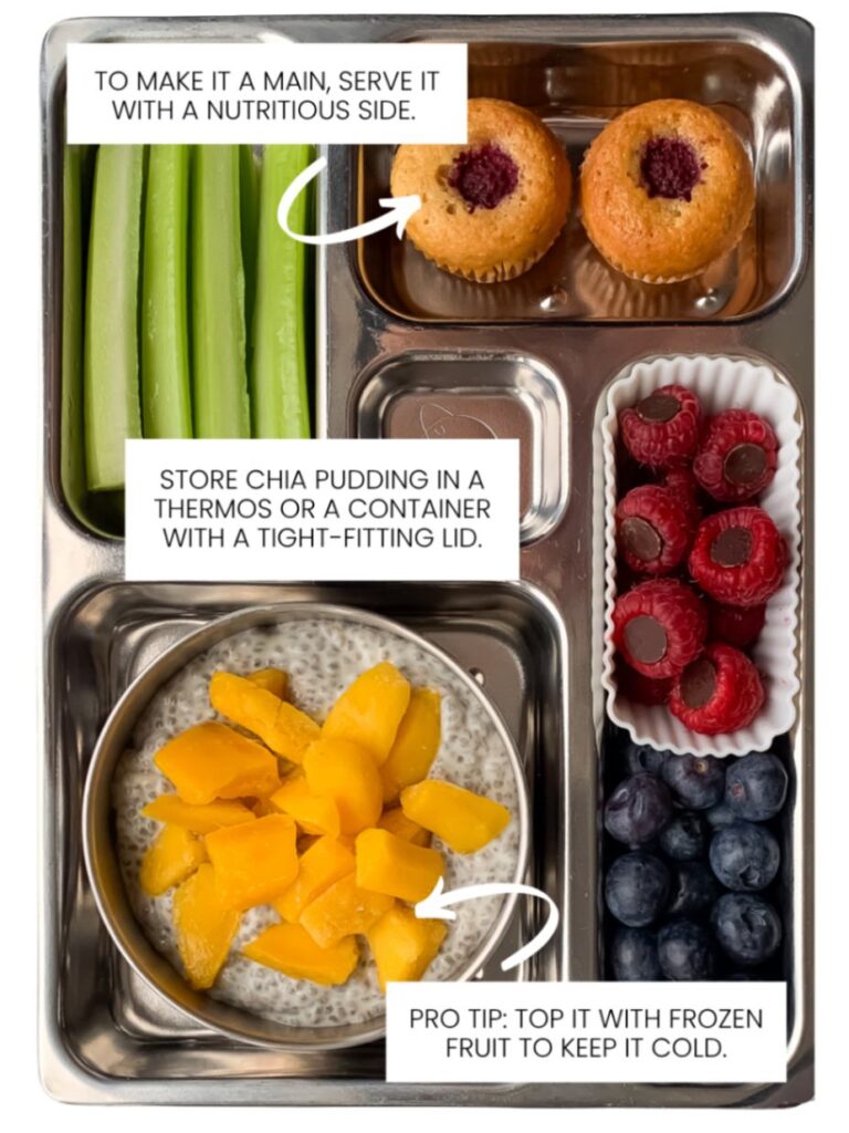 infographic of a prepared lunchbox with written instructions for storing and serving chia pudding for school lunch