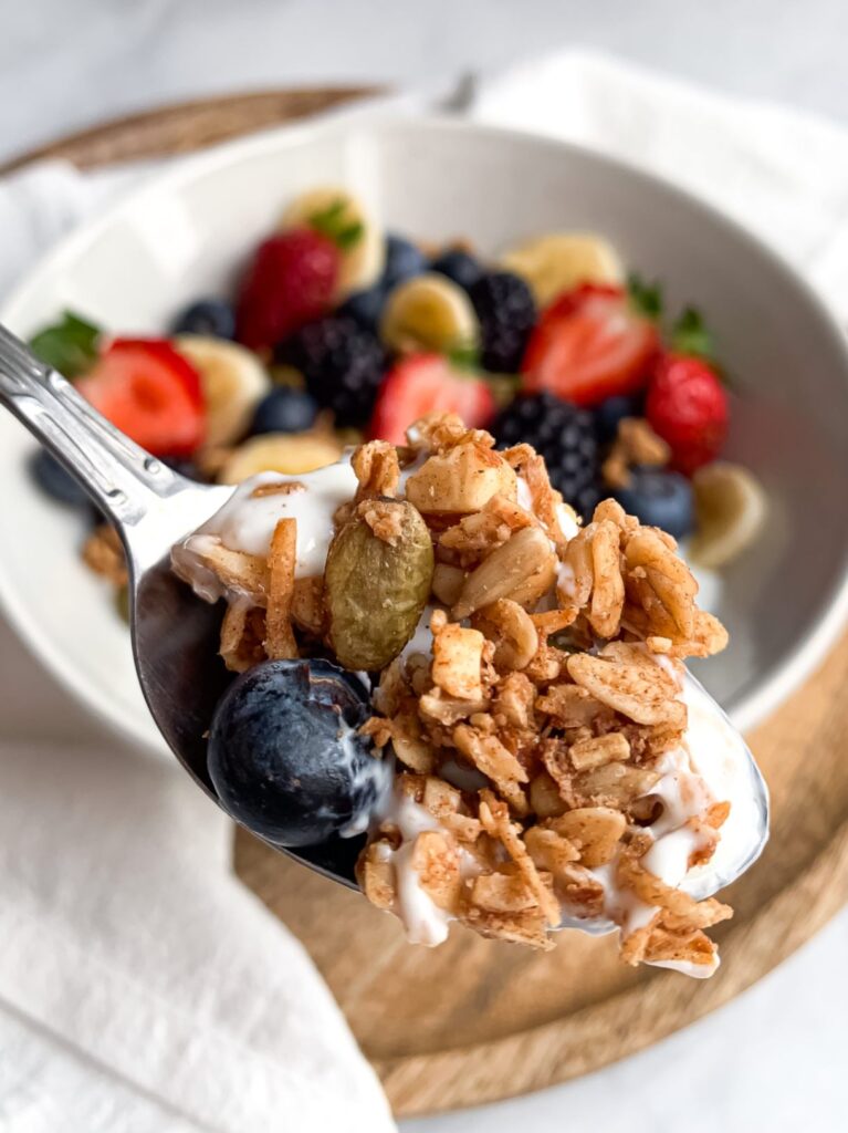 close up of a spoonful of yogurt with granola clusters and a blueberry, with the yogurt bowl in the background.