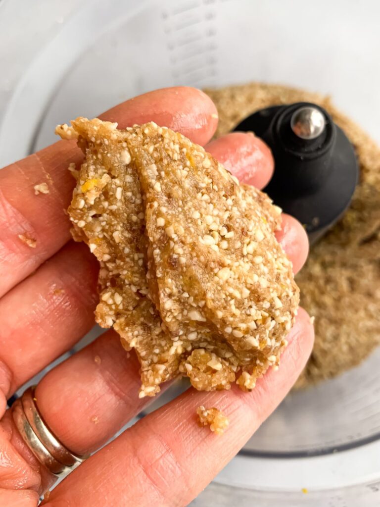 Sticky date and cashew mixture ready for adding freeze-dried blueberries